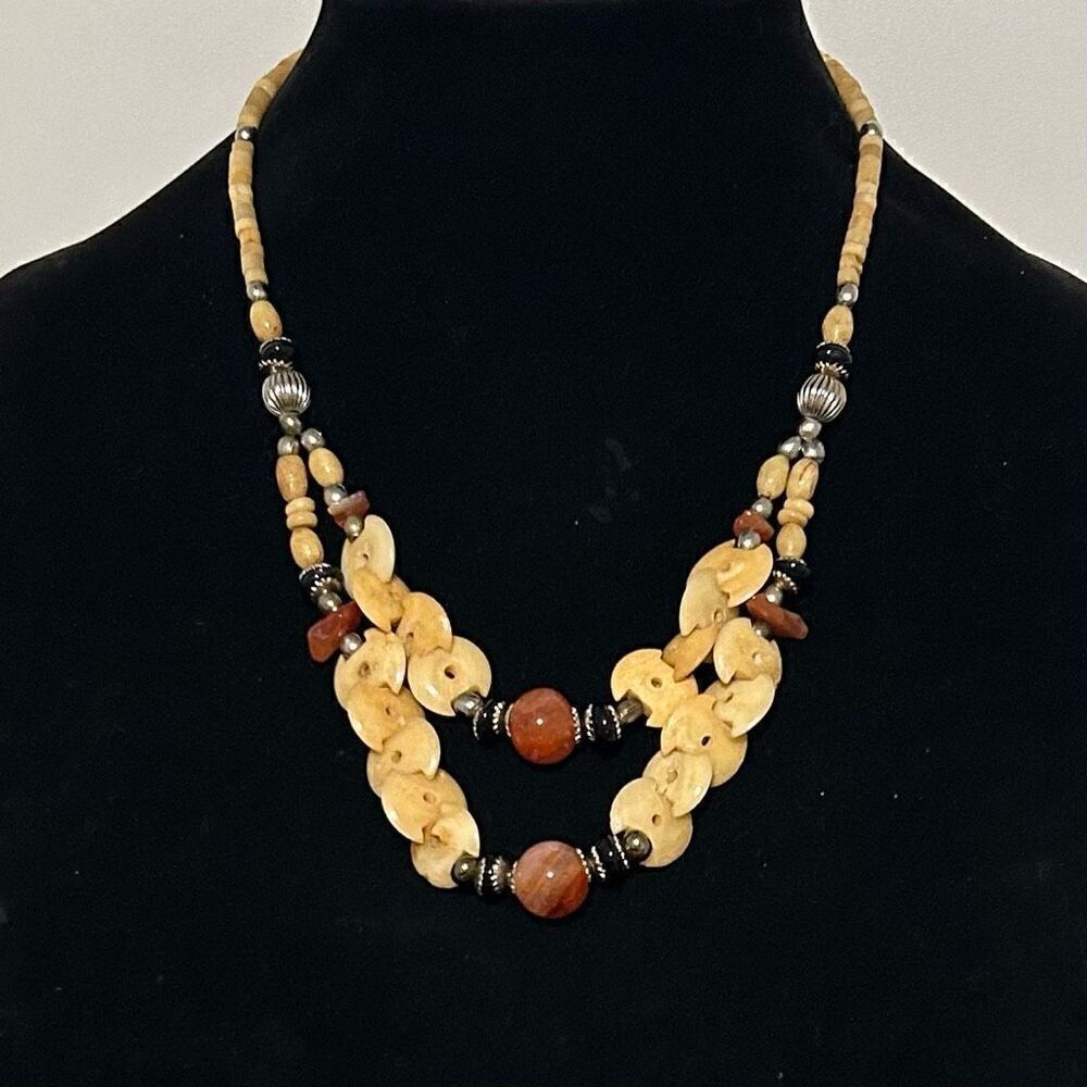 Vintage Carved Bone and Carnelian Agate Necklace Silver Tone 17” Amazing Detail